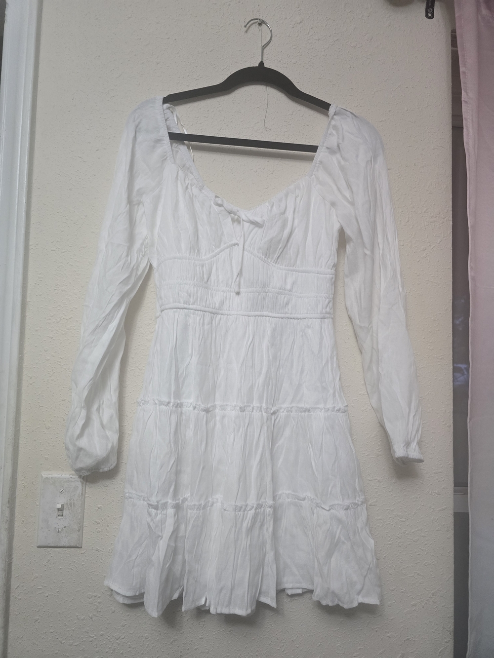Boho Long-Sleeve White Tiered Mini Dress